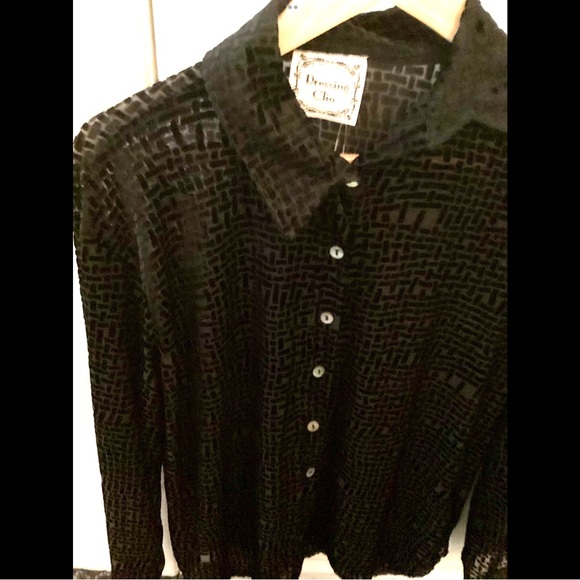 L XL Black Rayon Velvet Burn Out Geometric Button Down Shirt Sheer - Picture 3 of 8
